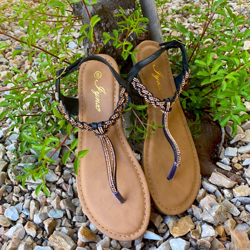 Black and Rose Gold Thong Rhinestone Cute Summer Sandals